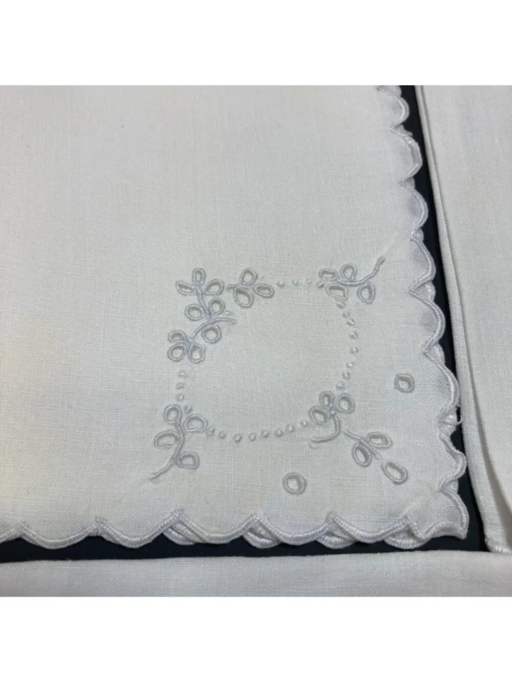 Vintage Linen Napkins White Embroidered Square 6.5 inches Flaws some Yellowing
